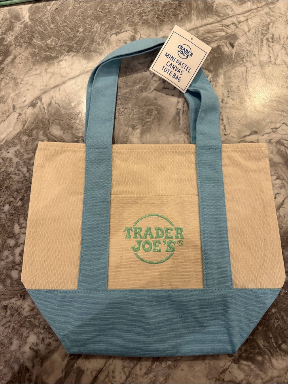 Trader Joe's Cream and Light Blue Canvas Tote Bag